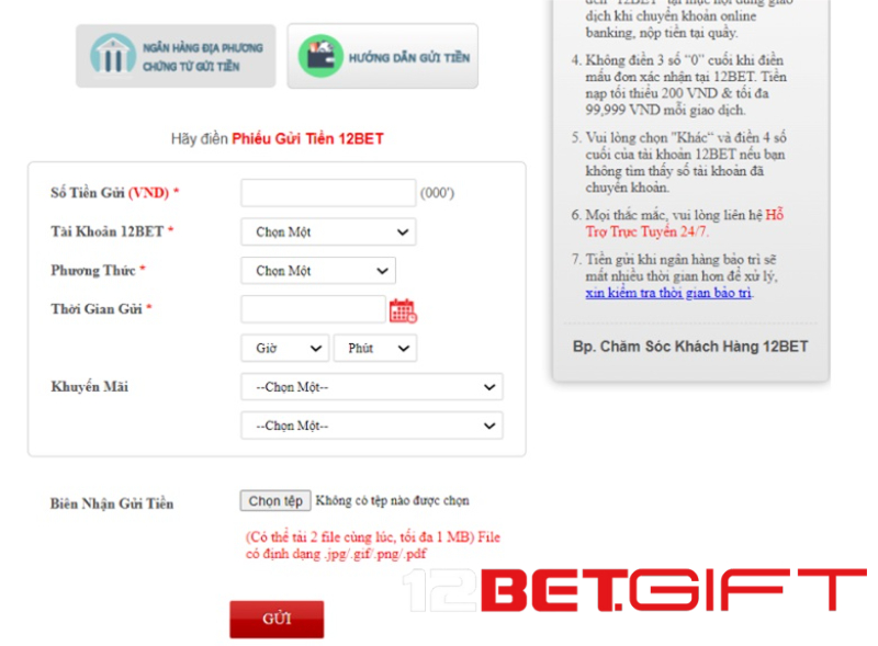 Nạp 12Bet bằng ví điện tử