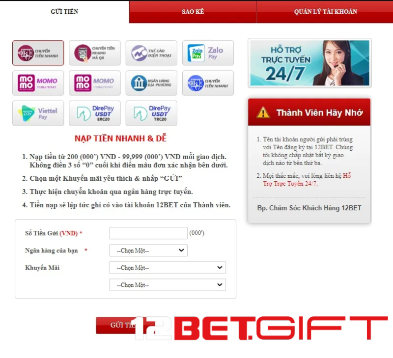 Những điều kiện nạp tiền 12bet